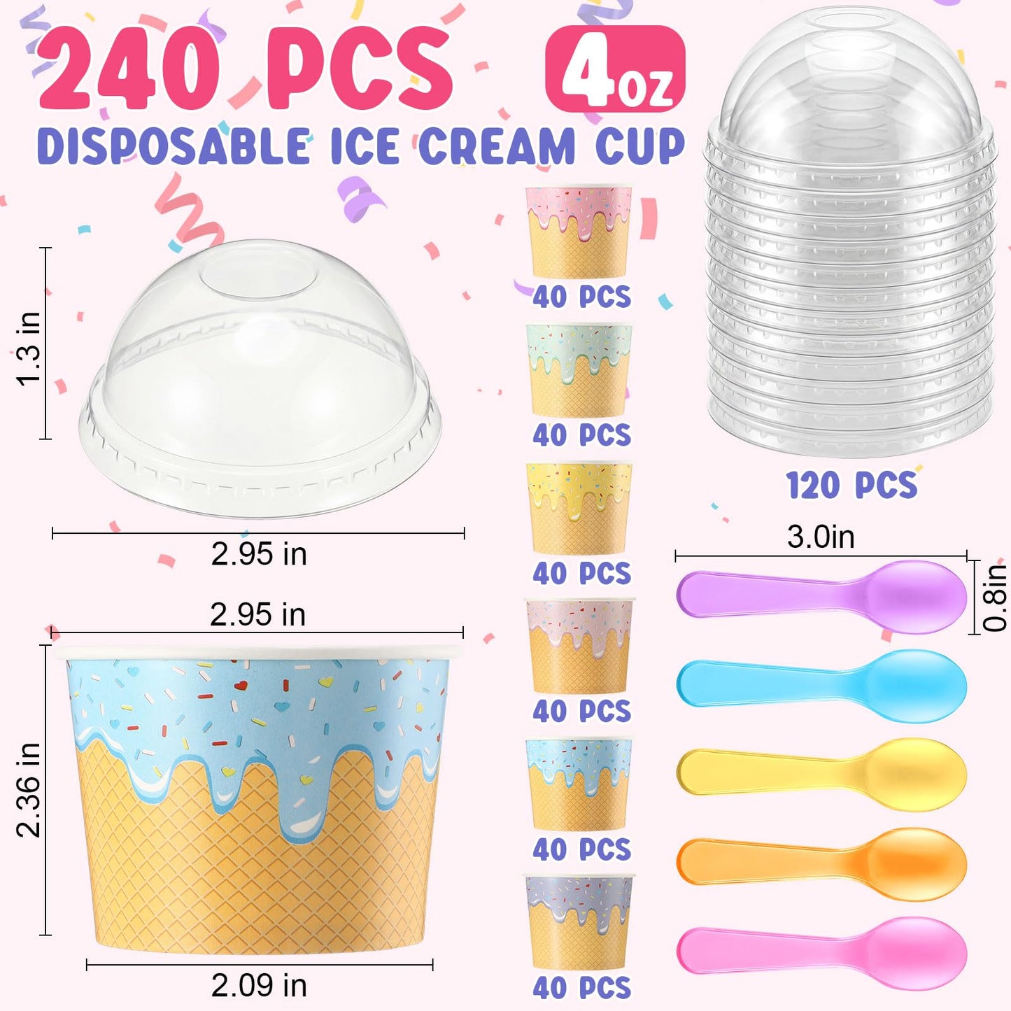 Jingmore 240 Set 4oz Ice Cream Paper Cups with Lids and Spoons, Disposable Sundae Bowls, Dessert Cups for Birthday Party Supplies, Paper Ice Cream Bowls Bulk for Yogurt, Snacks