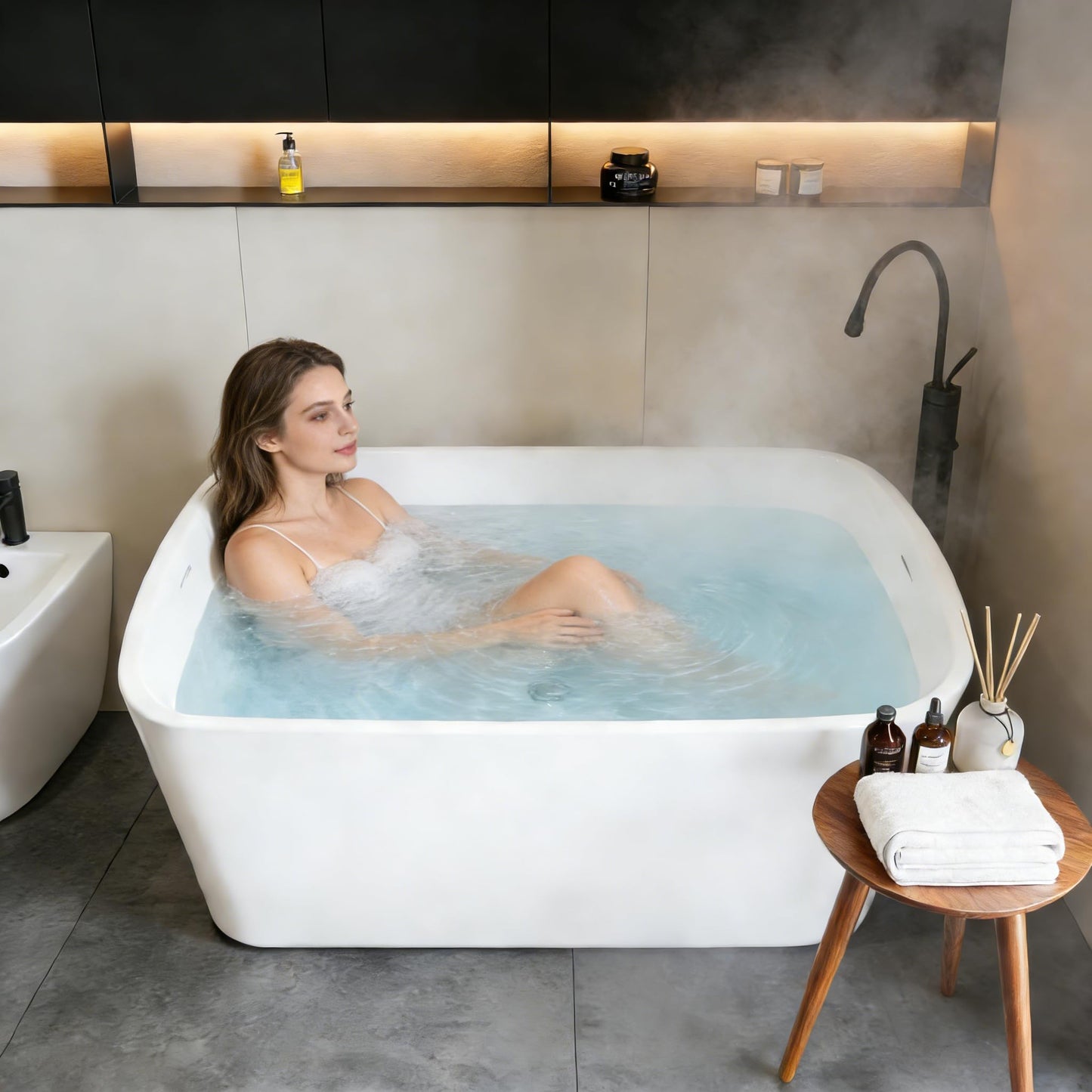 49" Acrylic Freestanding Soaking Bathtub, Matte Drain & Black Overflow, Modern Design Tub for Home Bathroom Renovations, Glossy White