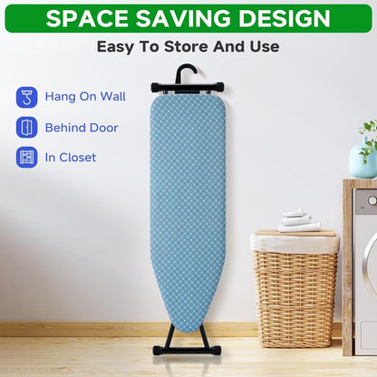 BKTD Compact Ironing Board 13 x 43, Iron Board with Heat Resistant Surface, Adjustable Height, Space Saving Table with Hook & Iron Rest for Home & Laundry Room, Diagonal Checkered Blue