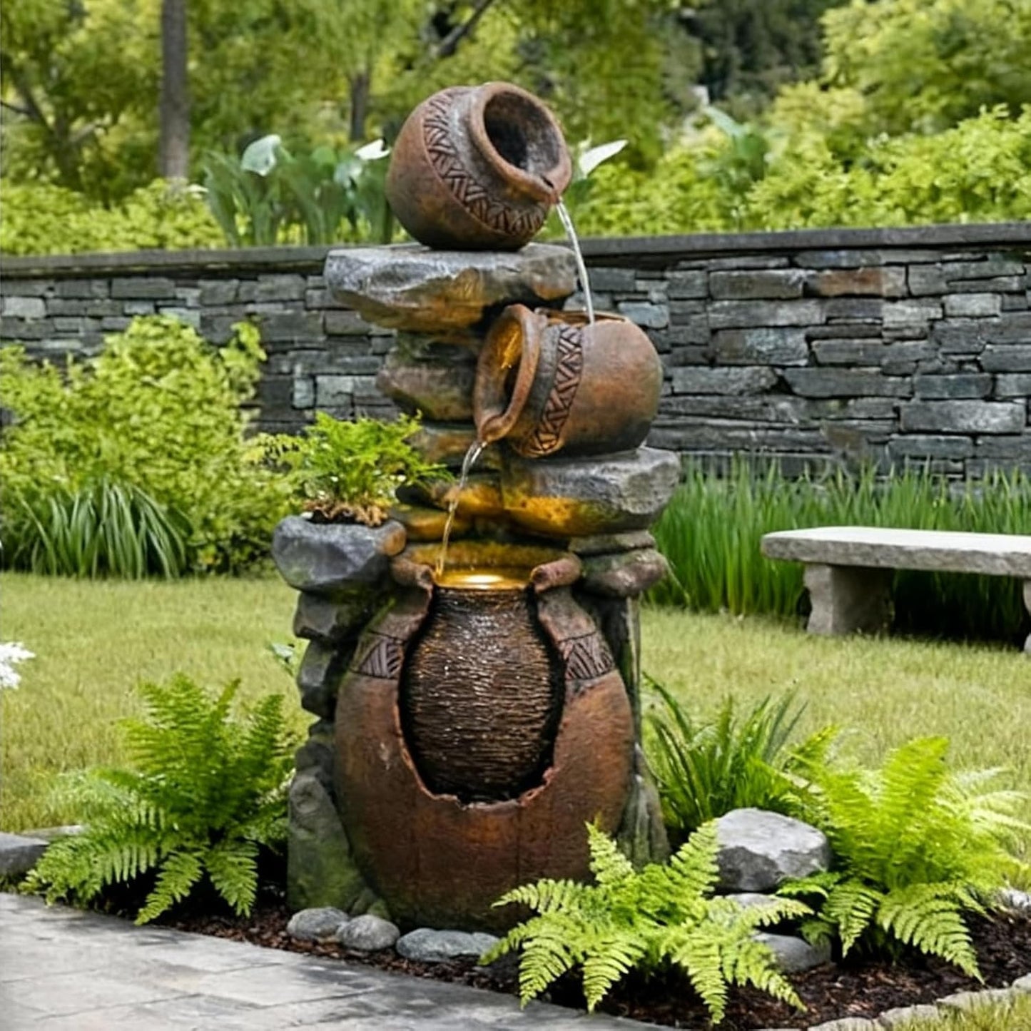 Bumilgar 38.4" H Garden Water Fountain, 3-Tier Cascading Water Features with LED Light, Faux Terracotta Jar Design for Patio, Backyard, Deck, Porch, and Home Art Décor, Brown