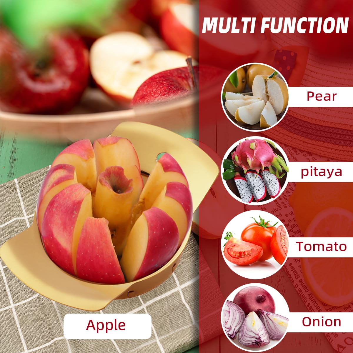 Fruit Slicer, QRU 304 Stainless Steel Fruit Cutter 8 Slices, Corer for Fruits & Vegetables, Ergonomic Handle Easy Grip Pears Divider, Sturdy and Sharp, Dishwasher Safe (Gold)