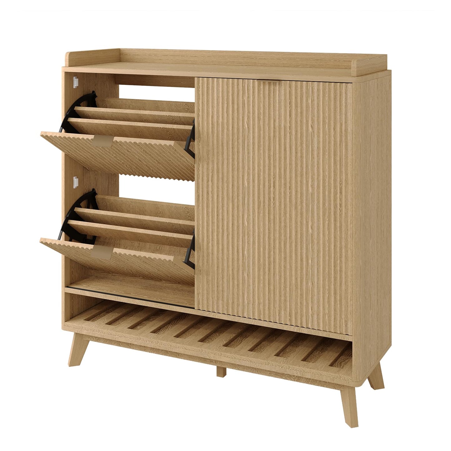 IDEALHOUSE Fluted Shoe Cabinet Storage with 2 Flip Drawers & Sliding Door & Adjustable Shelf Rack，Freestanding Wood Narrow Hidden Shoe Organizer for Entryway, Hallway, Living Room