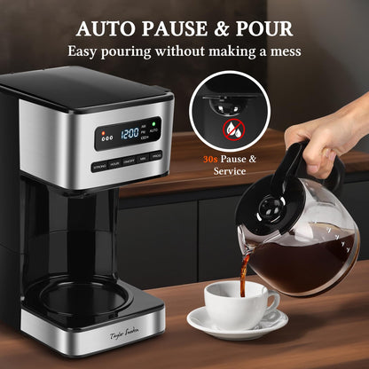Taylor Swoden Programmable Coffee Makers 12 Cup, Hot and Iced Coffee Maker, 4 Brew Strength, LED Display, 24H Timer, Keep Warm&Auto Shutoff- Drip Coffee Machine for Home/Office, Black &Stainless Steel