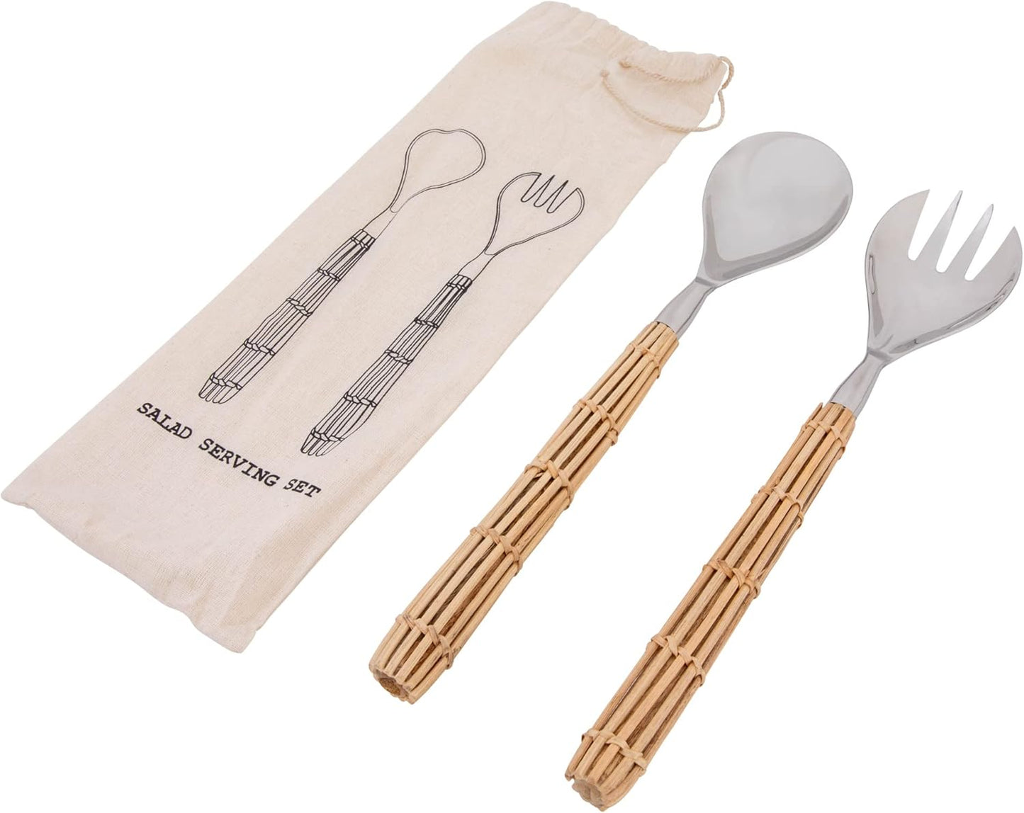 Creative Co-Op Stainless Steel Rattan Wrapped Handles, Set of 2 Styles Salad Servers, Natural