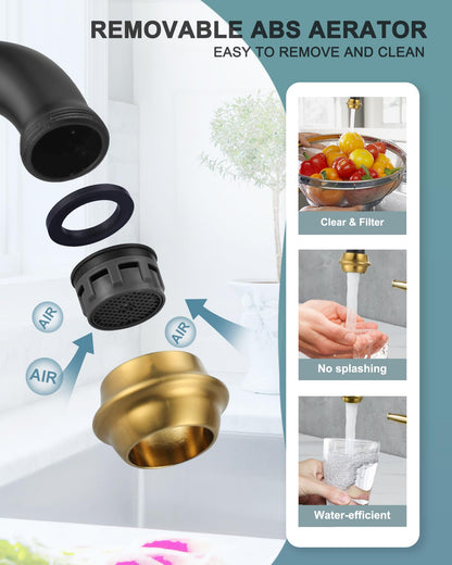 Kitchen Faucet Bridge with Side Sprayer, 4 Hole Brass Kitchen Faucet with 360° Swivel Tap, 2 Handle 8 Inch Vintage Faucet for Kitchen Sinks, Black Gold
