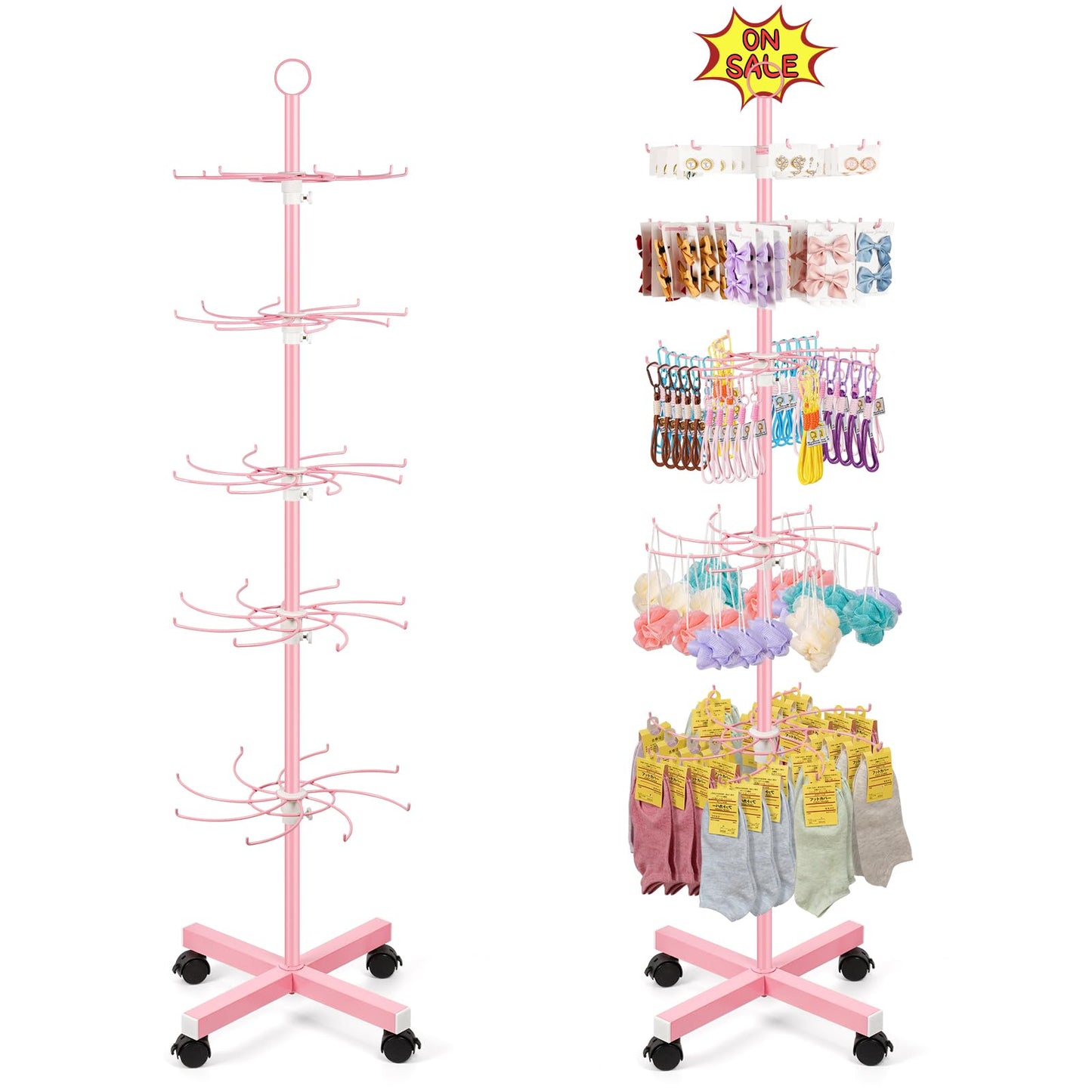 Flenpptly Retail Display Stand, 5-Tier Rotating Display Rack for Store Display, Movable and Adjustable Spinning Display Stand for Earrings, Jewelry, Keychains, Socks Display (Pink)