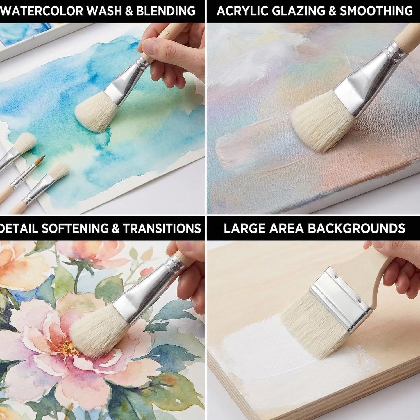 10 Pcs Pottery Glazing Brushes, Goat Hair Mop & Blending Brush Set for Ceramics, Acrylic Painting, Clay - Soft Bristle Artist Tools for Pottery Wheel, Canvas, Kiln Firing