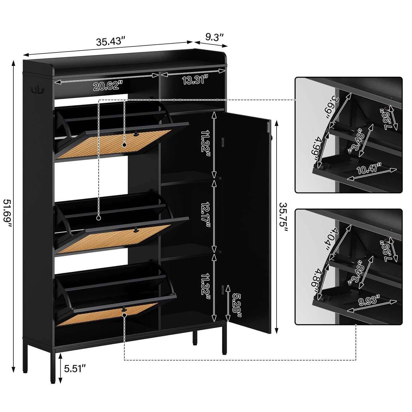 Shoe Storage Cabinet with 3 Flip-Down Doors, Rattan & Metal Frame Organizer, Adjustable Shelves, Narrow Freestanding Rack for Entryway Hallway, Tool-Free Assembly, Modern Farmhouse Decor, Black