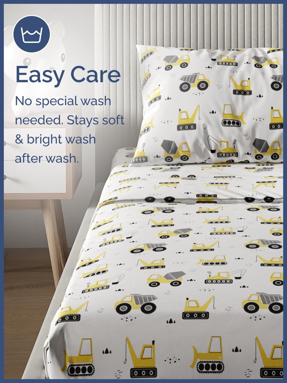 4 Set Set Kids Full Size Construction Bed Sheets - Piece Car Microfiber Sheet - Excavator Themed Bedding - Soft, Cute