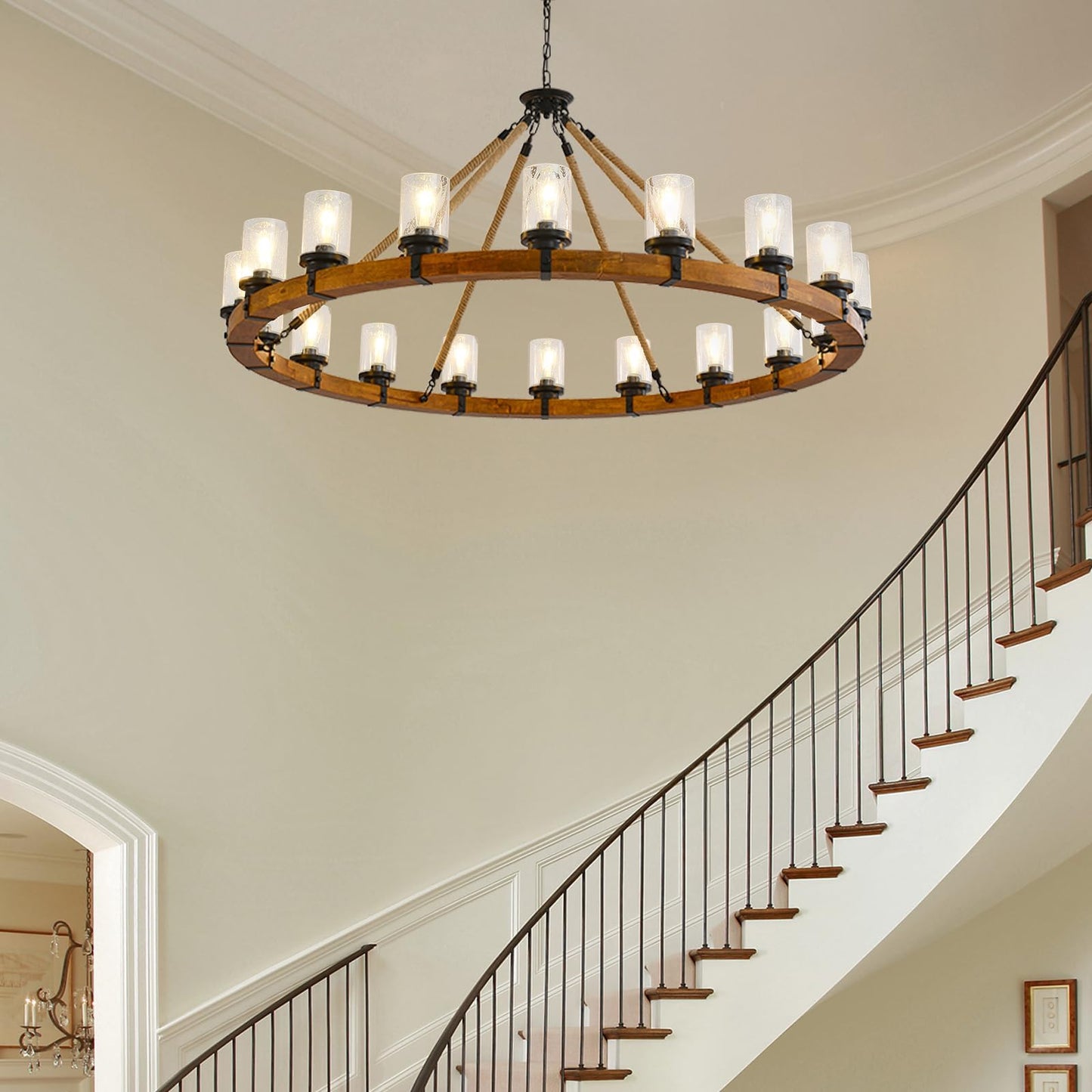 FOVICY 60-Inch Wood Wagon Wheel Chandelier with Bubble Glass Shade, 18-Light Extra Large Farmhouse Chandelier, Rustic Light Fixture for Dining Room High Ceilings Entryway