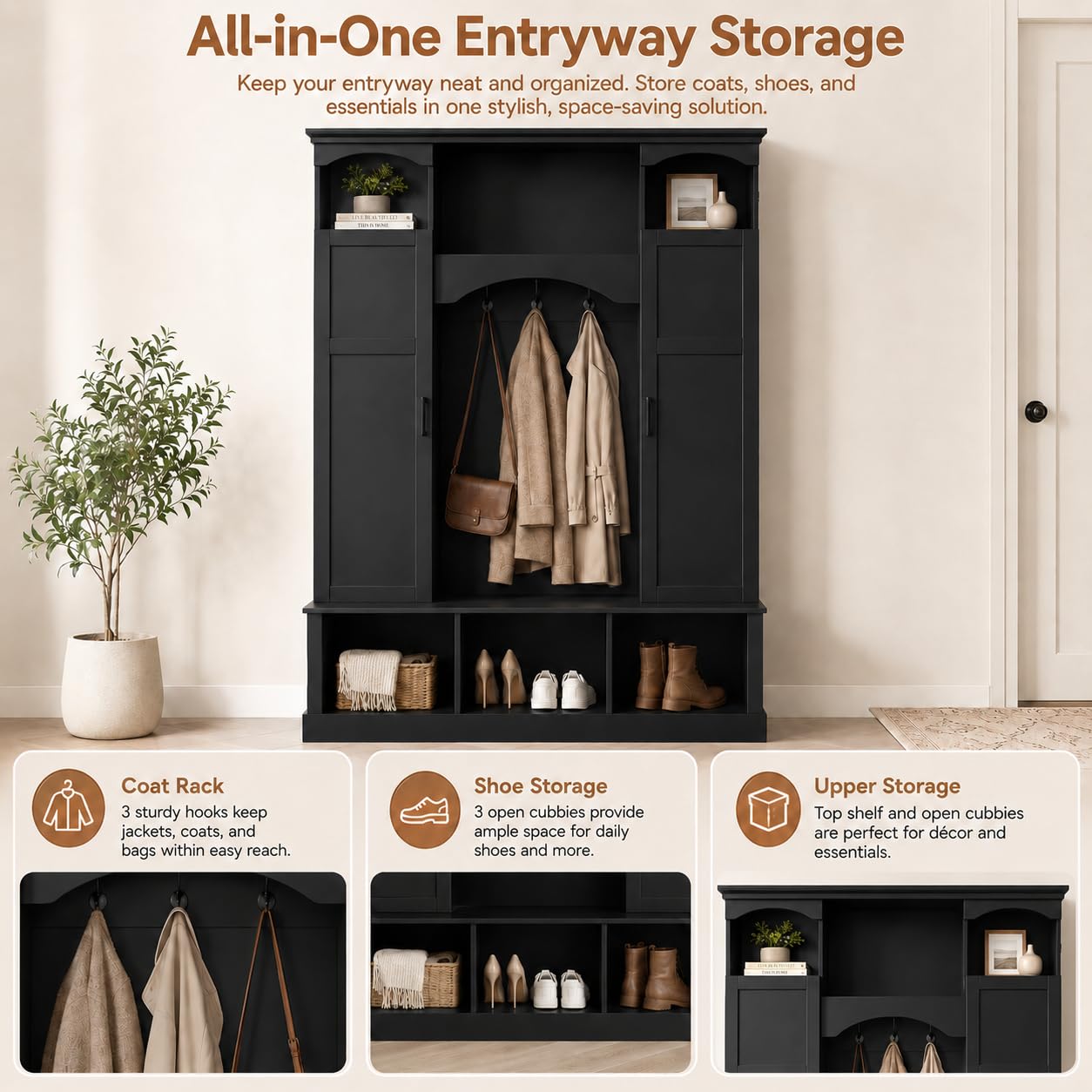 FILWY ON-Trend Modern All-in-One Hall Tree with Adjustable Shelves, Classic Arched Farmhouse Storage Bench with Dual Side Cabinets, Elegant Entryway Organizer with 7 Hooks for Mudroom, Hallway