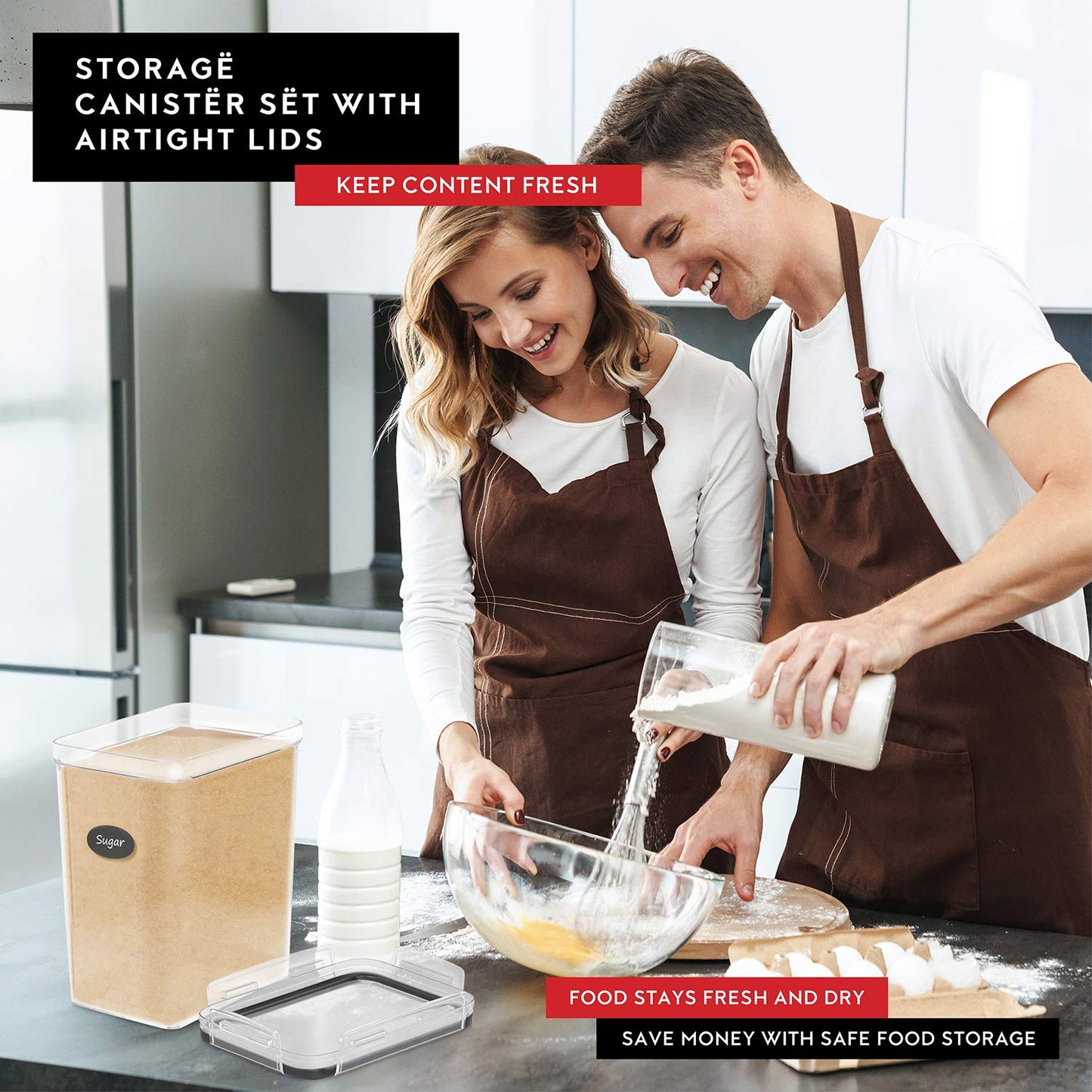 Extra Large Flour and Sugar Storage Containers 6.5L/220 Fl. oz; Set of 2 Plastic Bulk Airtight Food Storage Rice Containers With Lids - Kitchen Pantry Organizer and Storage Canisters, Marker & Labels