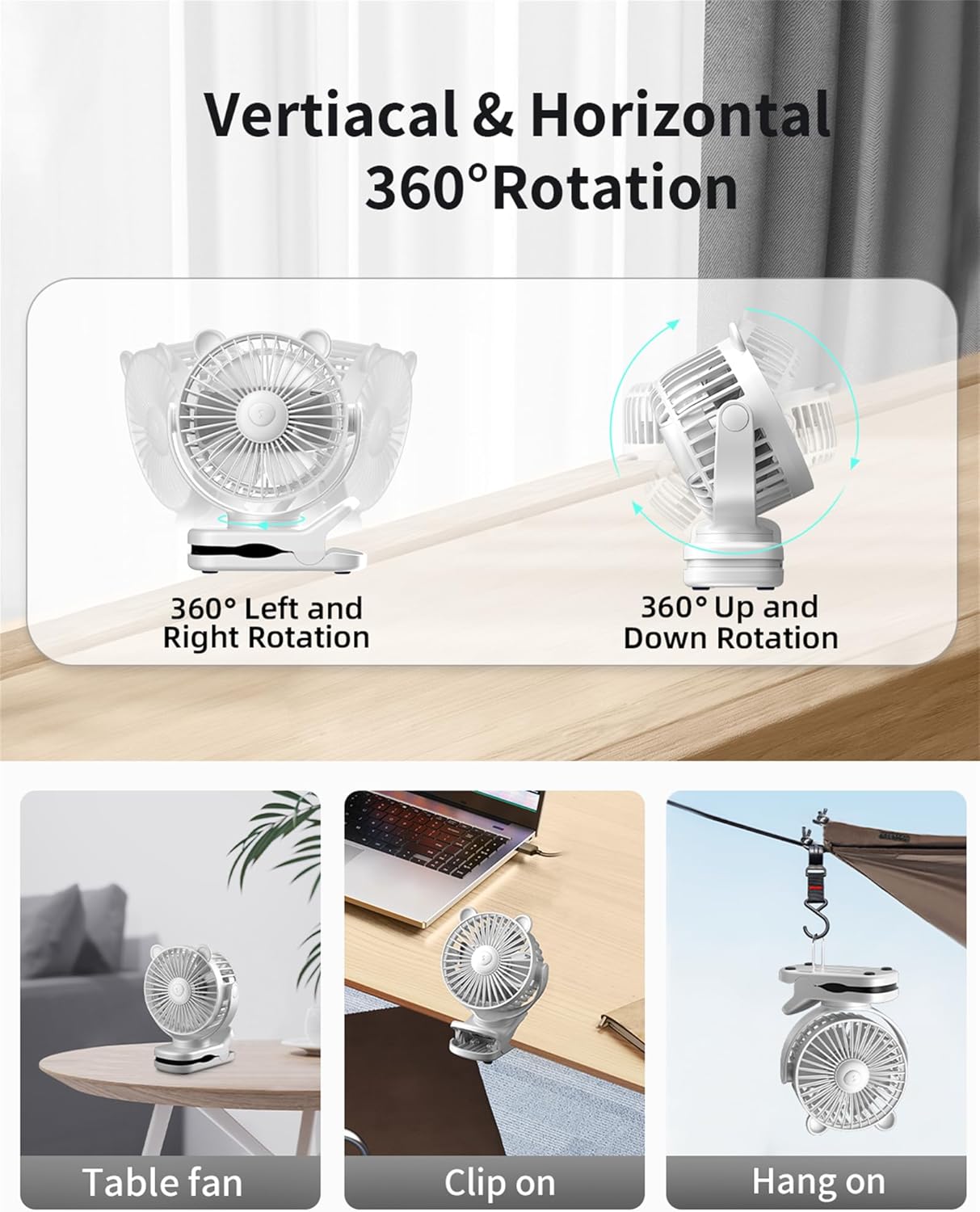 Clip on Fan, Rechargeable Portable Fan with 2000mAh Battery, Stroller Fan with Powerful Clip Design, 3 Wind Speed, 360°