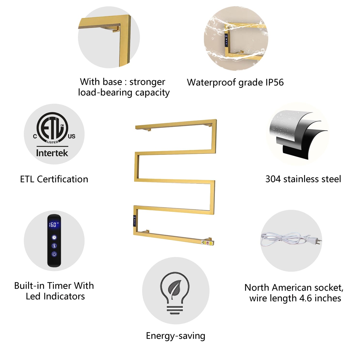 Towel Warmer Rack for Bathroom with Timer/Fahrenheit Temperature Control Wall Mounted Electric Heated 5 Bar Rail Plug-in or Hardwired Keep Bath Shower Towel Warming (Brushed Gold)