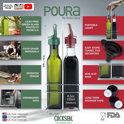 Poura Vinegar and Olive Oil Bottle Drizzler Set with ClickSeal BPA Free Pour Spouts | Glass Oil & Vinegar Dispenser Bottles for Cooking & Dining | Hygienic Covers + Silicone Decanter Funnel 250ml