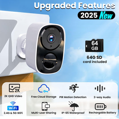 2025 Upgraded 2K Security Cameras Wireless Outdoor, Free Cloud Storage & Local SD Card Support, 1-6 Months Battery Life, Waterproof, 2-Way Talk, AI Motion Detection Spotlight Siren Alarm Camera
