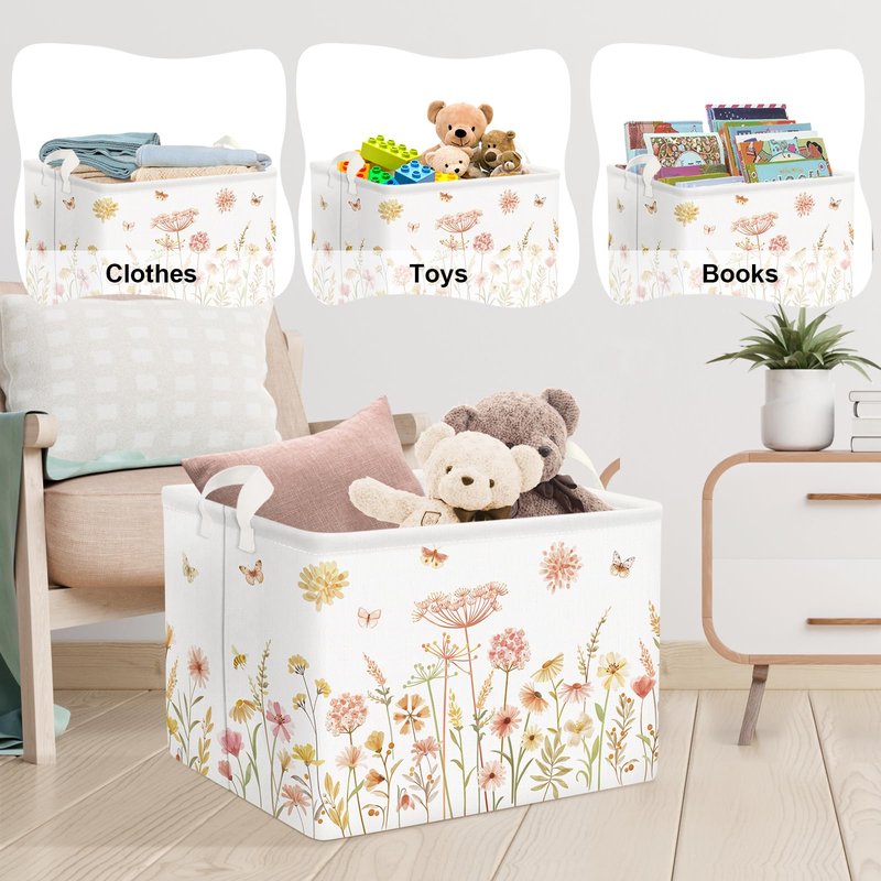 Clastyle Boho Flower Nursery Bin Spring Summer Wildflower Floral Dandelion Plant Butterfly Baby Girl Gift Basket Rectangle Clothes Towel Basket Book Toy Chest