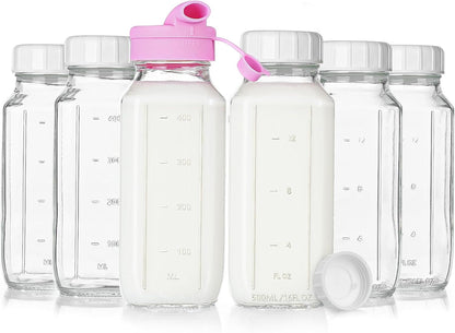 16 Oz 6 Pack Sovietiep Square Glass Milk Bottles with A Silicone Cap, Glass Bottles for Juicing with Airtight Lids