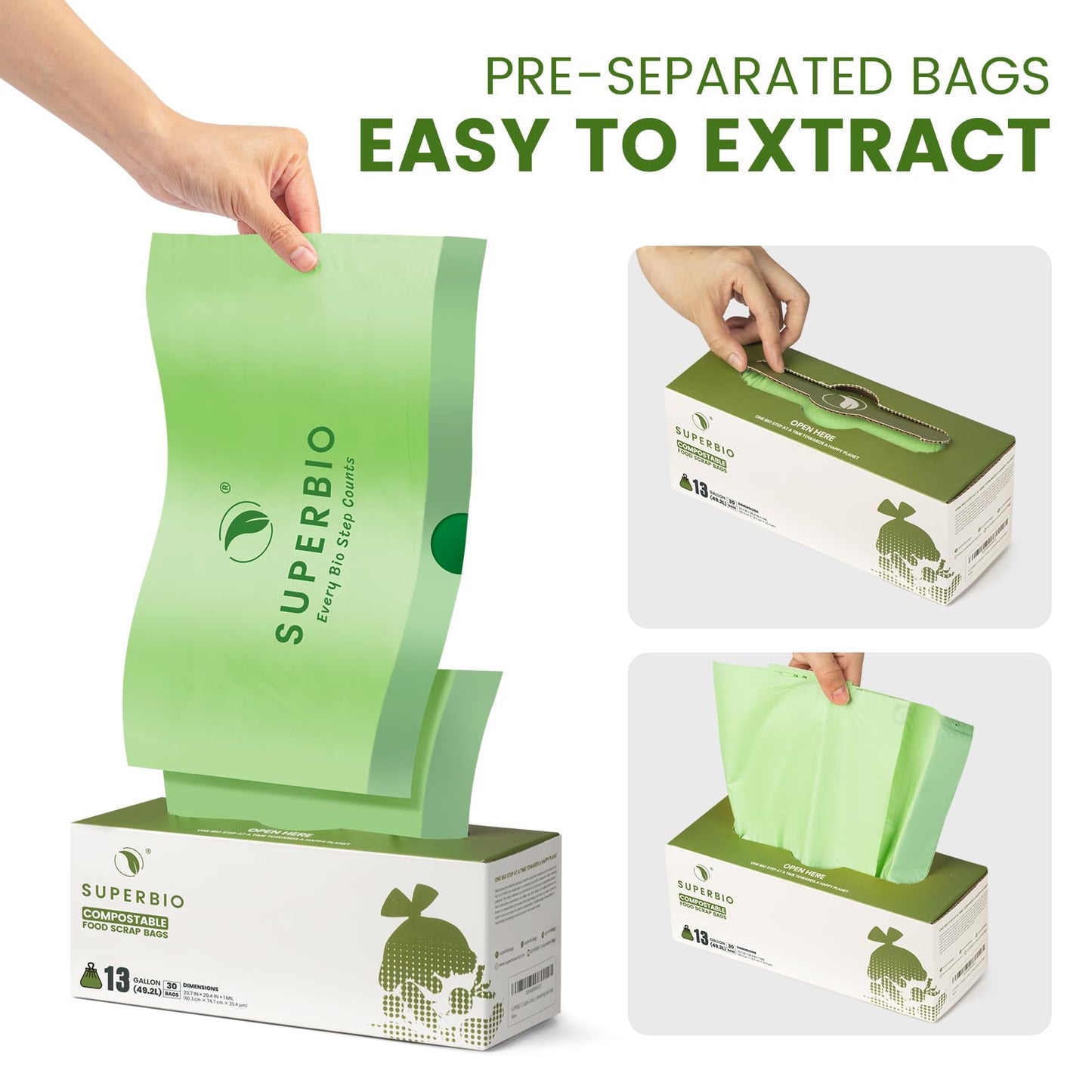SUPERBIO 13 Gallon Compostable Drawstring Kitchen Waste Bag, 49.2 Liter, 30 Count,1 Mil, Heavy Duty Food Scrap Bags, BPI, Seedling and OK compost INDUSTRIAL
