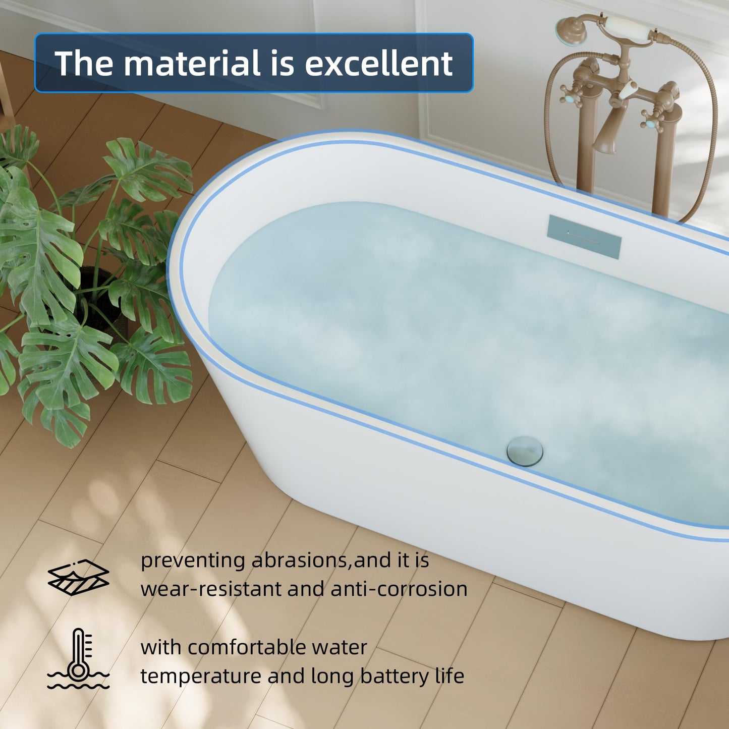 Garvee 59 in Acrylic Freestanding Bathtub - Extra Deep Soaking Tub for Adults, Stand Alone Tub with Integrated Overflow Drain, CUPC Certified Modern Bathroom Tub, White