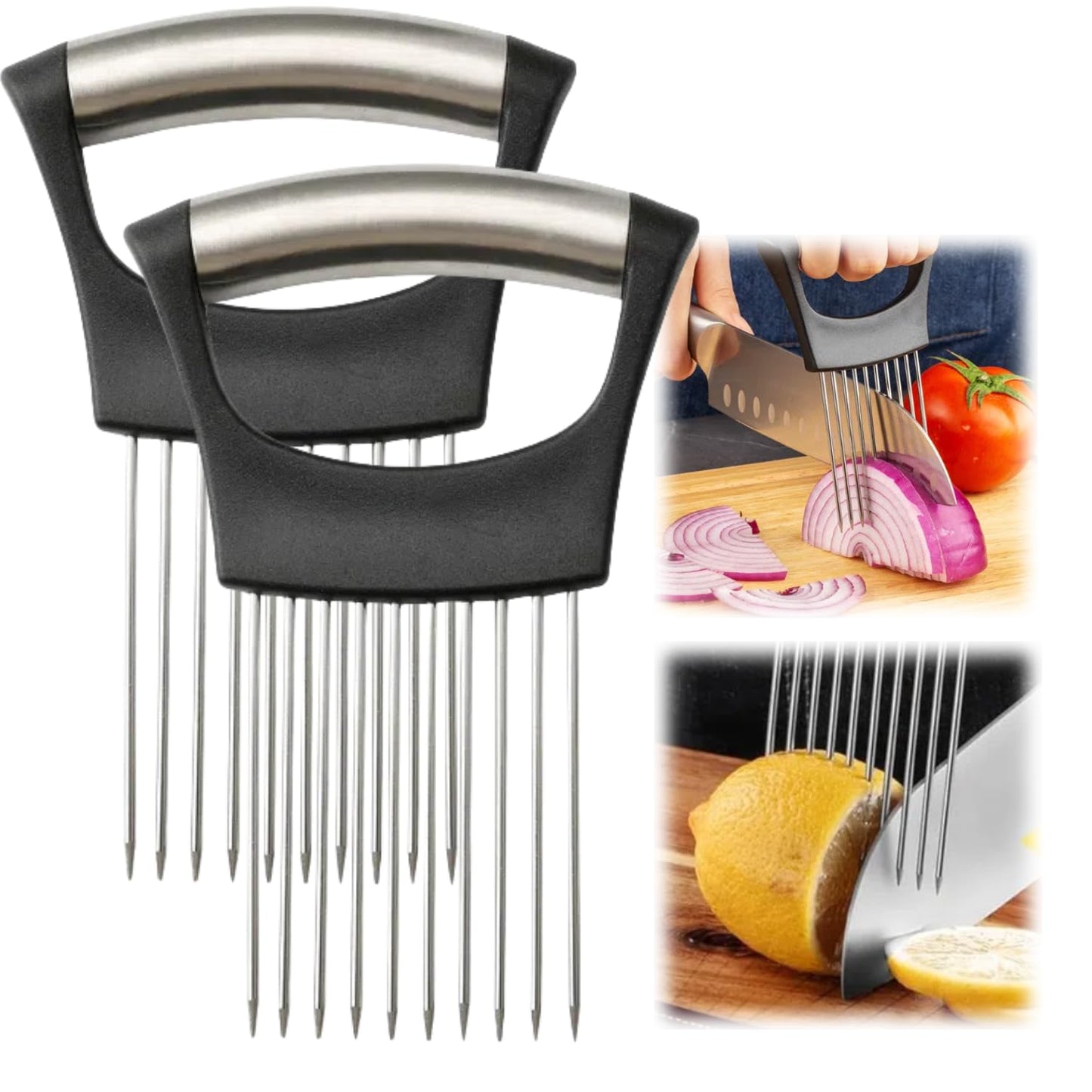 Onion Slice Holder, 2024 New Stainless Steel Holder for Slicing, Chopper Assistant Tool, Cutter for Meat, Onion, Potato, Tomato Kitchen Gadgets (Black, 2 Pack)