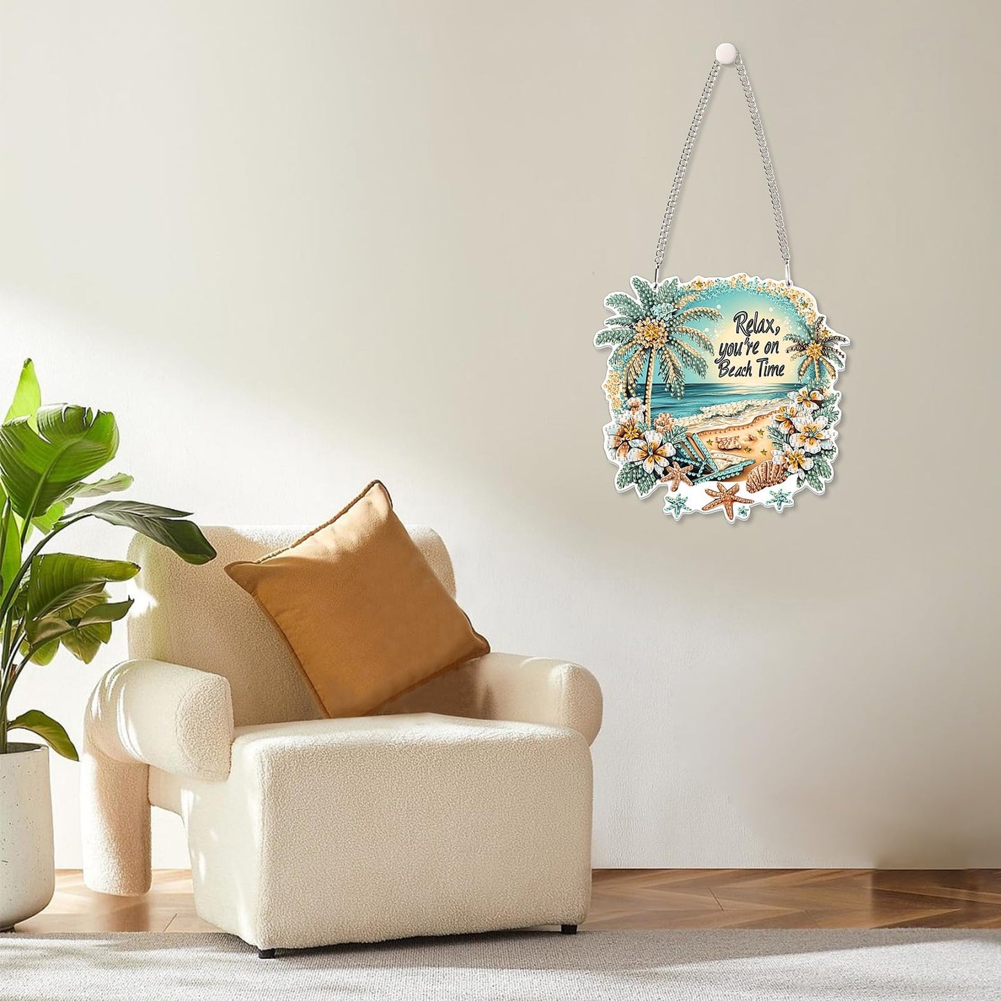 MOGTAA Beach Diamond Art Hanging Pendant Kits, 5D Special Shape Diamond Art Kits for Adults, Crystal Rhinestones Landscape Diamond Painting Gem Art for Home Garden Wall Decor