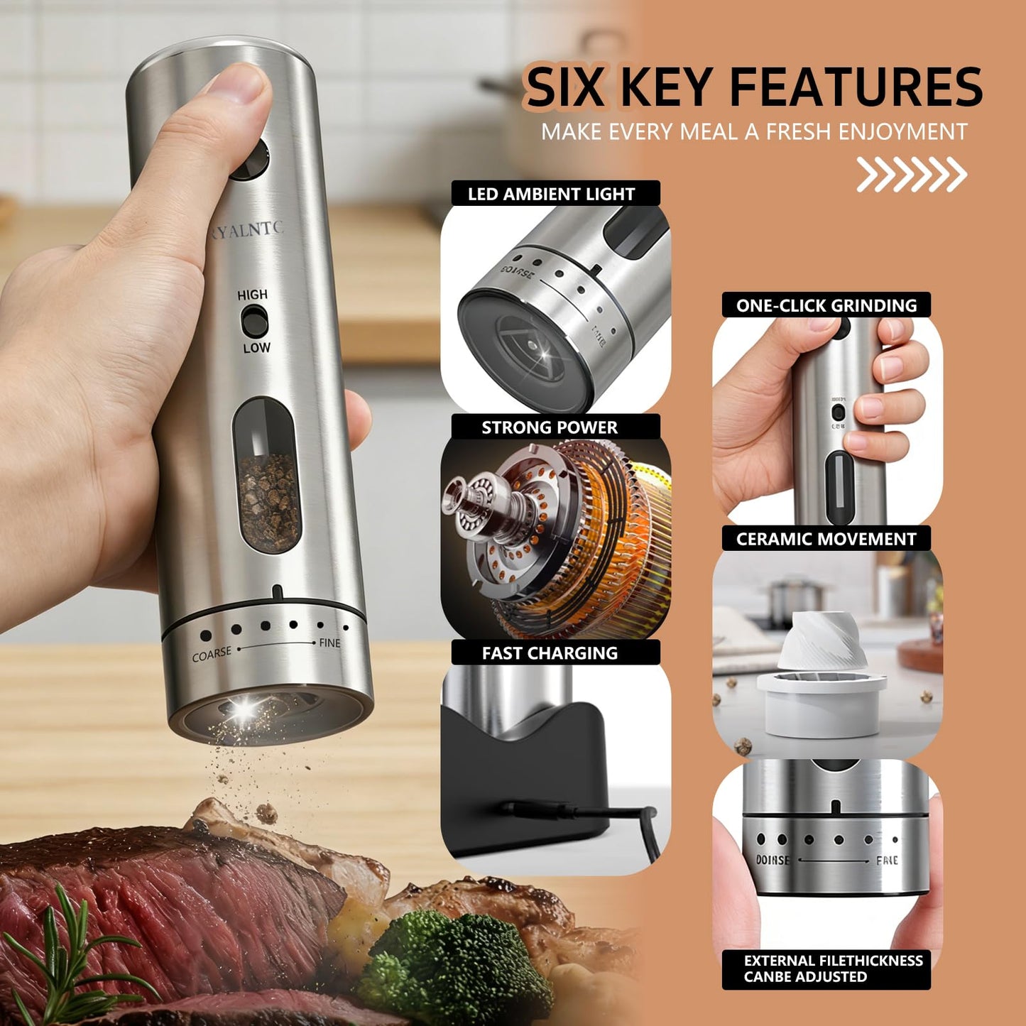 RYALNTC Electric Salt and Pepper Grinder Set with Rechargeable Base Upgraded Stainless Steel Automatic Salt and Pepper Shakers,Upgraded 2-Speed Setting,External 6 Adjustable Coarseness with LED Light