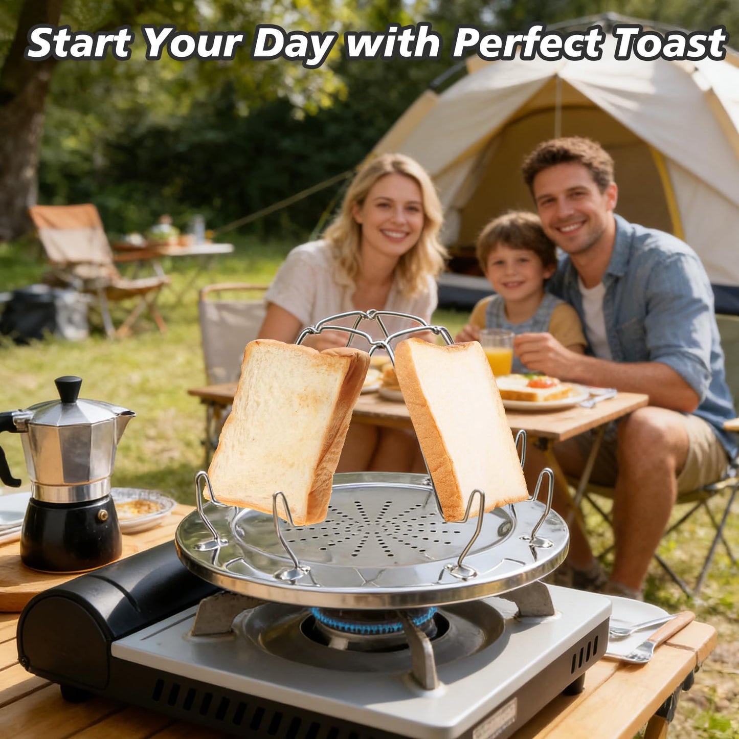 Meanhoo Folding Camping Toaster for Gas Stove Top – Stainless Steel 4-Slice Camp Stove Toaster Rack Holder – Portable Outdoor Bread Toaster for Camping, RV, Hiking & Picnic (Includes Tongs)