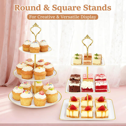 Lzerking 13pcs Dessert Table Display Set, 6 3-Tiered Cupcake Stands (3round & 3square) with 4 Trays & 3 Tongs, White Gold Plastic for Wedding, Tea Party, Baby Shower Decor, Birthday Party Decoration