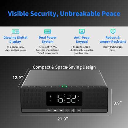 Medunor Smart Security Box, Biometric Fingerprint Safe for Handgun & Valuables, Portable Lock Box with Bluetooth, Anti-Theft Steel Cable, USB Charging, Digital Keypad, Hidden Audio Design