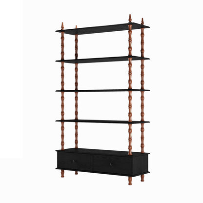 KEIKI 74.4 Inch Bookcase Shelf, 5 Tier Wood Book Shelf, Large Open Shelves with Storage Drawers, Solid Wood Veneered Free Standing Shelves for Living Room, Study Room, Black