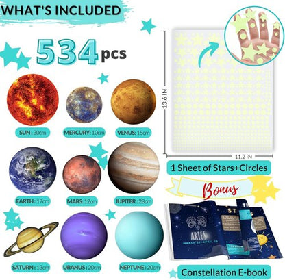 LUMOSX Glow in the Dark Stars and Planets - 534 pcs with Constellation E-Book | Solar System Wall Decal, Planet Wall Decals, Space Wall Stickers, and Space Wall Decals for Kids Room Decor (Blue)