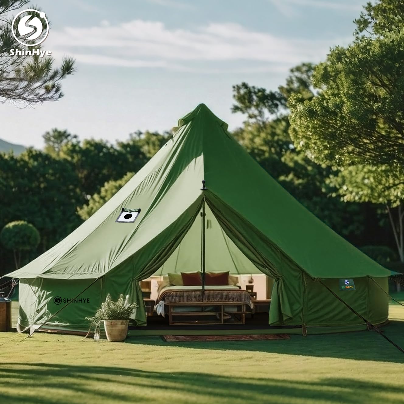 Canvas Bell Yurt Tent with Stove Jack, Waterproof Luxury 4 Season Tents for Family Outdoor Camping 100% Cotton Green Glamping Tents for Hunting, Partie, All Year Living (5M- 269 sq. ft yurt)