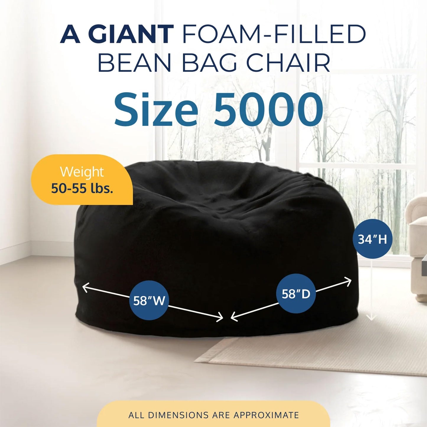 ULTIMATE SACK 5000 5-Foot Bean Bag Chair, Black Fur Cover – Oversized Foam Lounger, Floor Seat, Small Sofa, or Couch Bed for Living Area, Gaming Room, or Reading Lounge