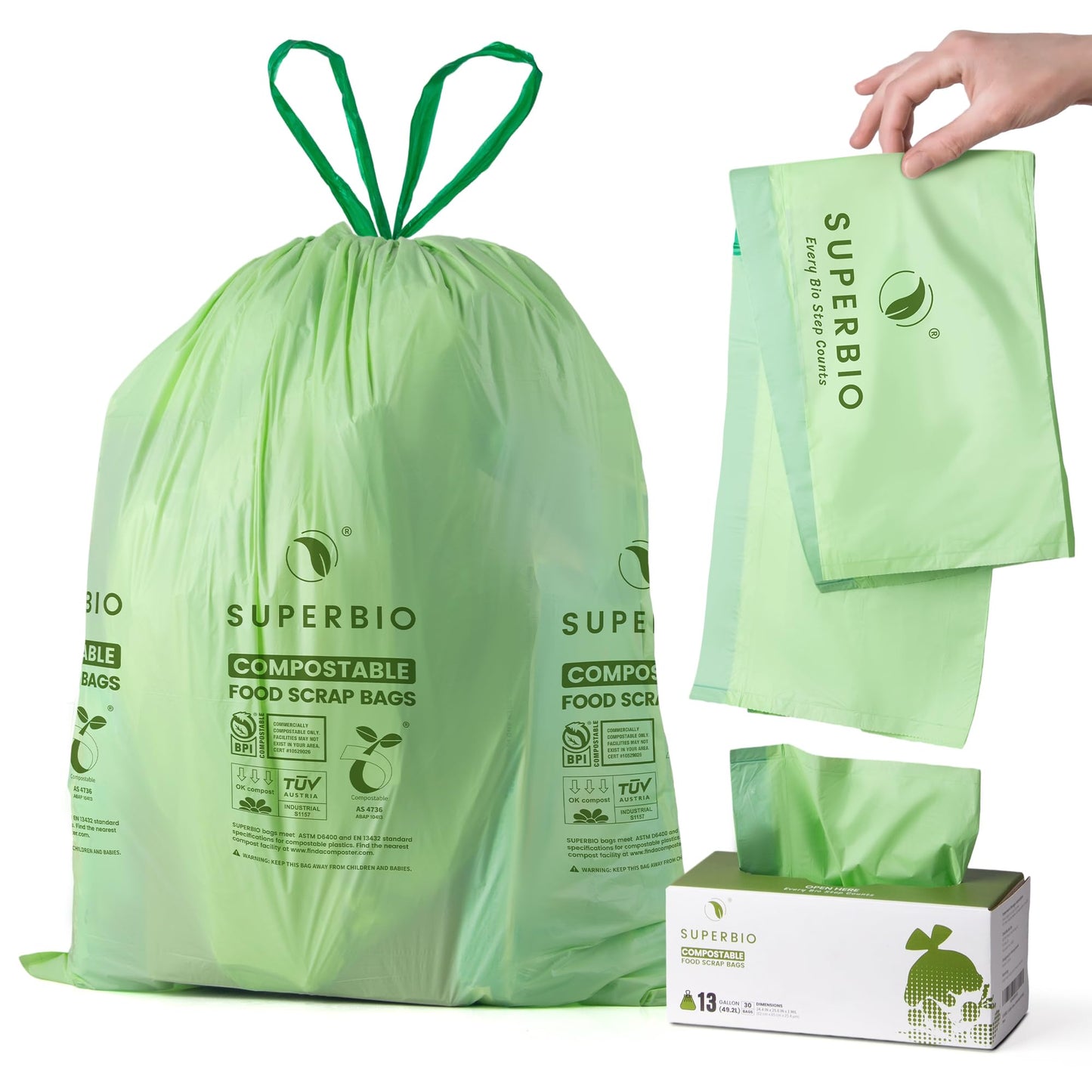 SUPERBIO 13 Gallon Compostable Drawstring Kitchen Waste Bag, 49.2 Liter, 30 Count,1 Mil, Heavy Duty Food Scrap Bags, BPI, Seedling and OK compost INDUSTRIAL