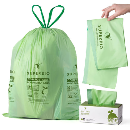 SUPERBIO 13 Gallon Compostable Drawstring Kitchen Waste Bag, 49.2 Liter, 30 Count,1 Mil, Heavy Duty Food Scrap Bags, BPI, Seedling and OK compost INDUSTRIAL