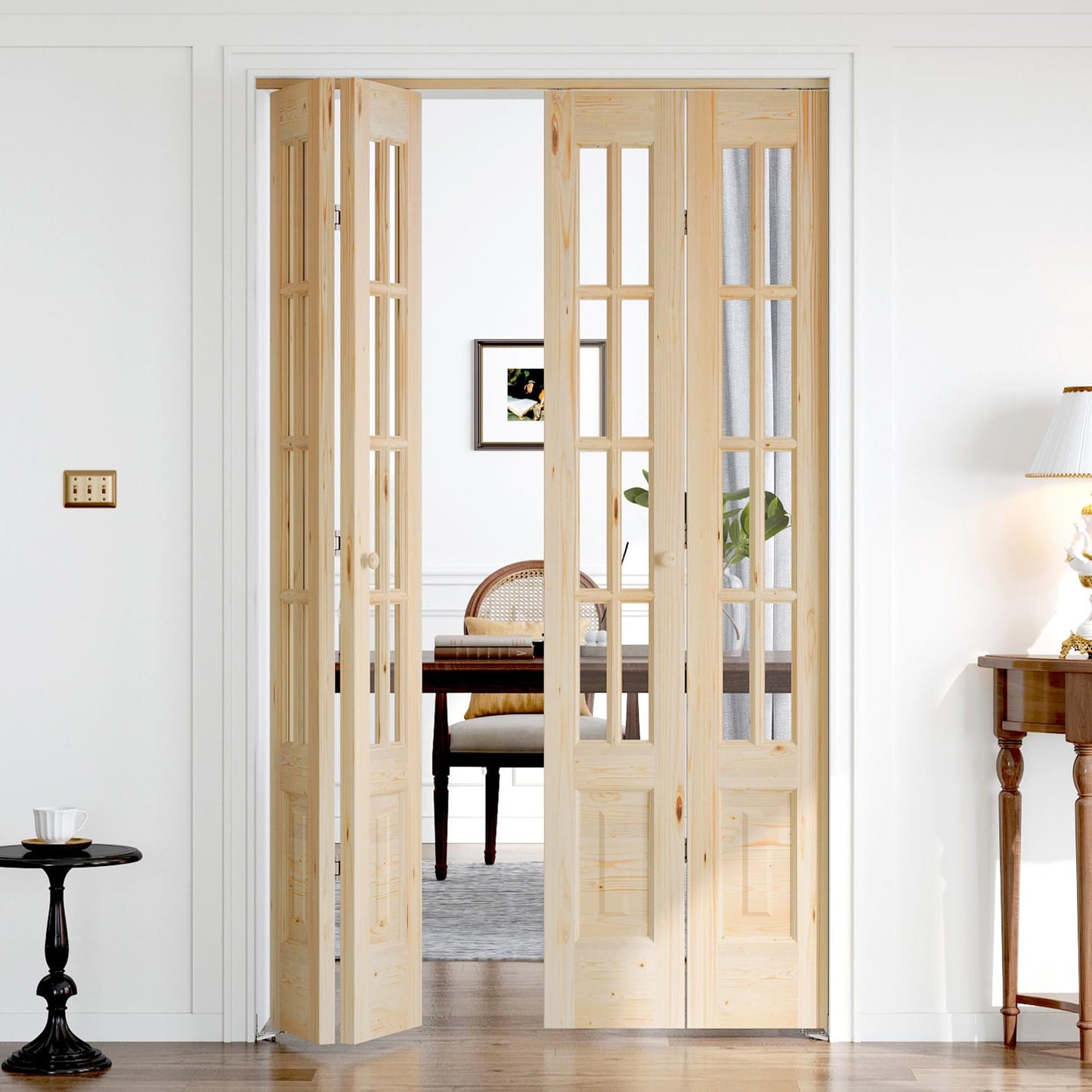 Roymelo Bifold Doors for 48"×80" (Four 12x80) Opening, Clear Glass French Interior Folding Barn Door with Concealed Hardware Kit Included, Spruce Wood Support DIY Dyeing, Preassembled Door, Save Space