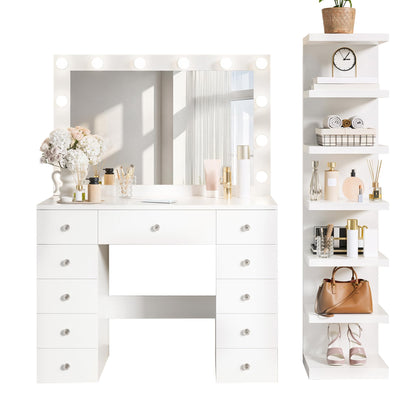 Merax White Makeup Vanity Desk with Large Mirror and 7-Tier Storage Shelves, Modern Dressing Table& 12 Hollywood Bulbs, Power Outlet and 11 Drawers, 3 Color Lighting Modes