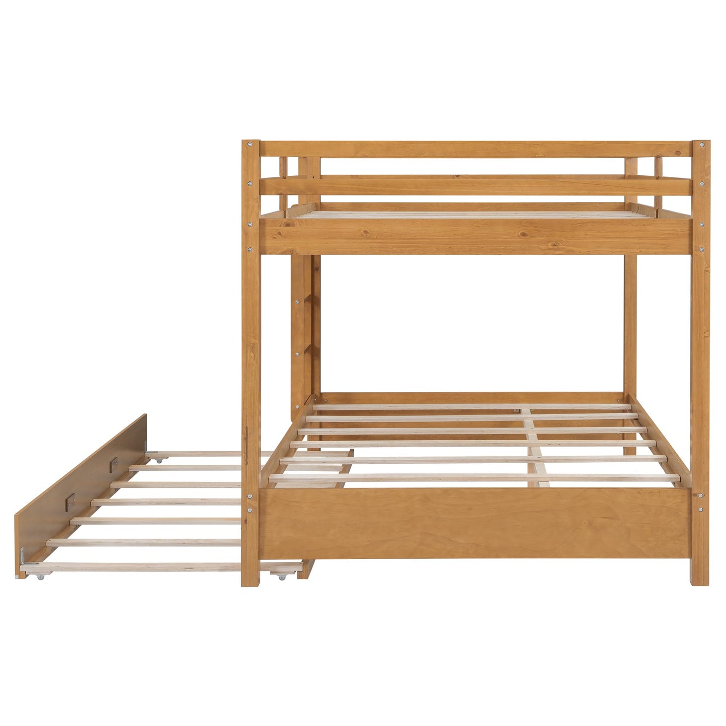 Bellemave Queen Over Queen Size Bunk Bed with Trundle for Kids/Adults,Solid Wood Bunk Bed Frame Queen Size with Ladder & Safety Guardrails,Wood Color