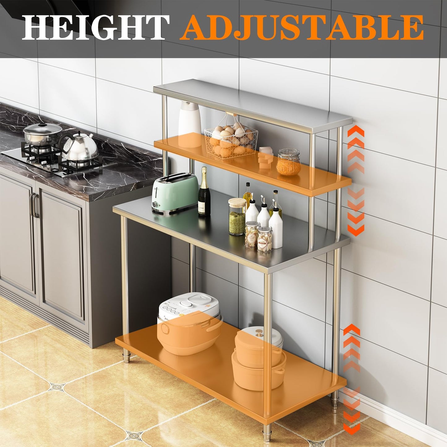 48"x24" Stainless Steel Work Table with 2-Tier Adjustable Overshelves, Commercial Prep Table for Kitchen, Restaurant, Garage, Laundry, Utility Room