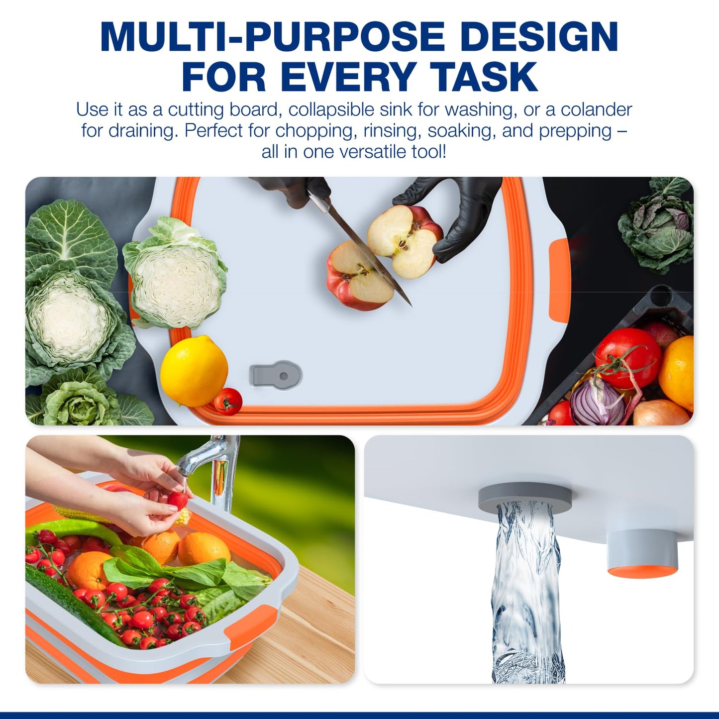 2-Pack XL Collapsible BBQ Prep Tub with Built-In Cutting Board, Lid & Strainer – Marinate, Drain & Prep – Large Food-Safe Container – Perfect for Grilling, Smoking & Outdoor Cooking
