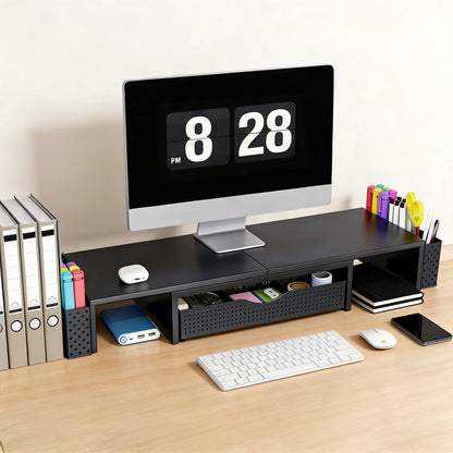Spacrea Metal Desk Organizers and Accessories, Dual Monitor Stand Riser with Drawer and 2 Pen Holders, Book Racks, Desk Accessories & Workspace Desktop Organizers for Office Supplies (Black)