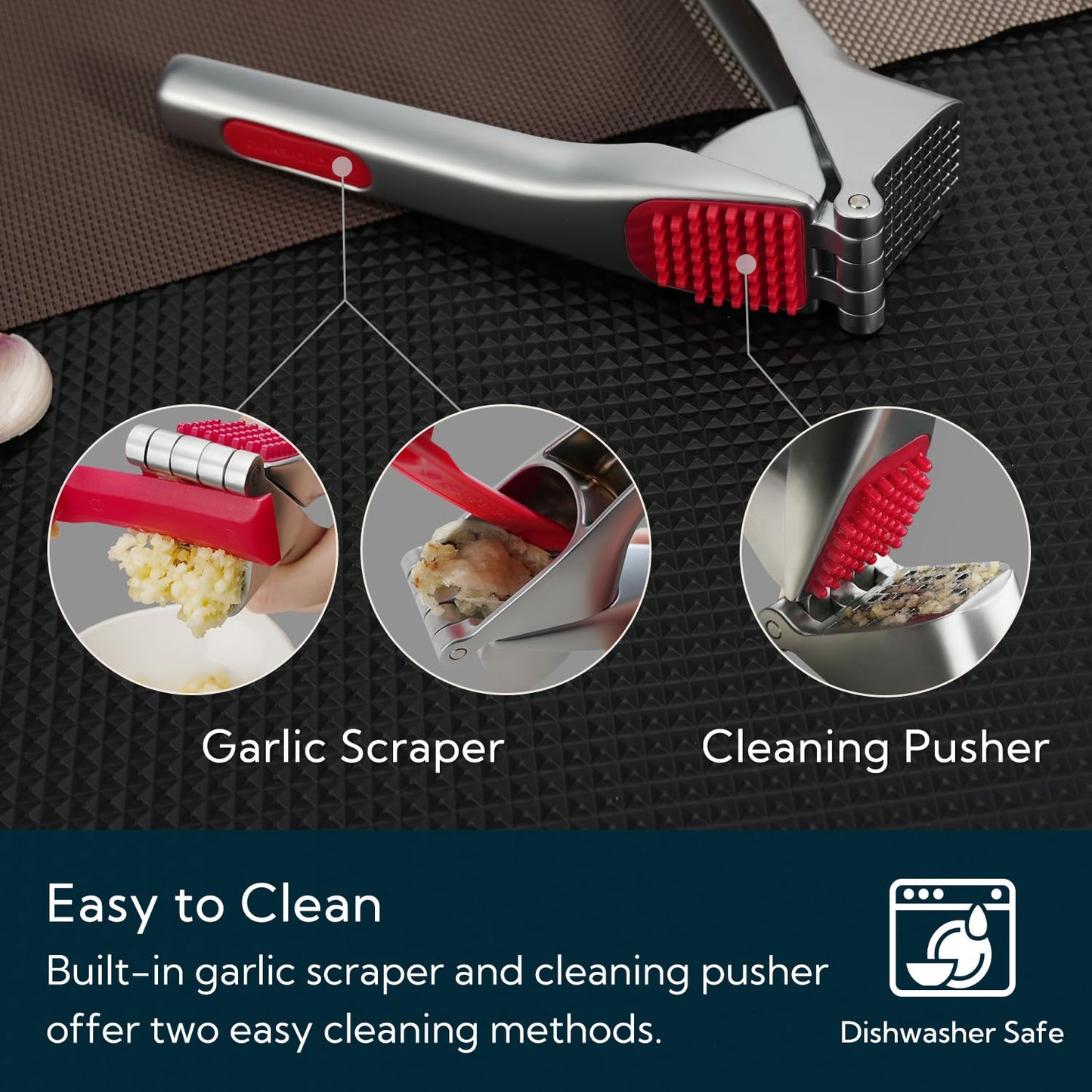KITCHENDAO Heavy-Duty Garlic Press with Built-in Scraper & Cleaning Pusher, No Peeling Garlic Crusher with Large Chamber, Zinc Alloy Garlic Mincer, Dishwasher Safe