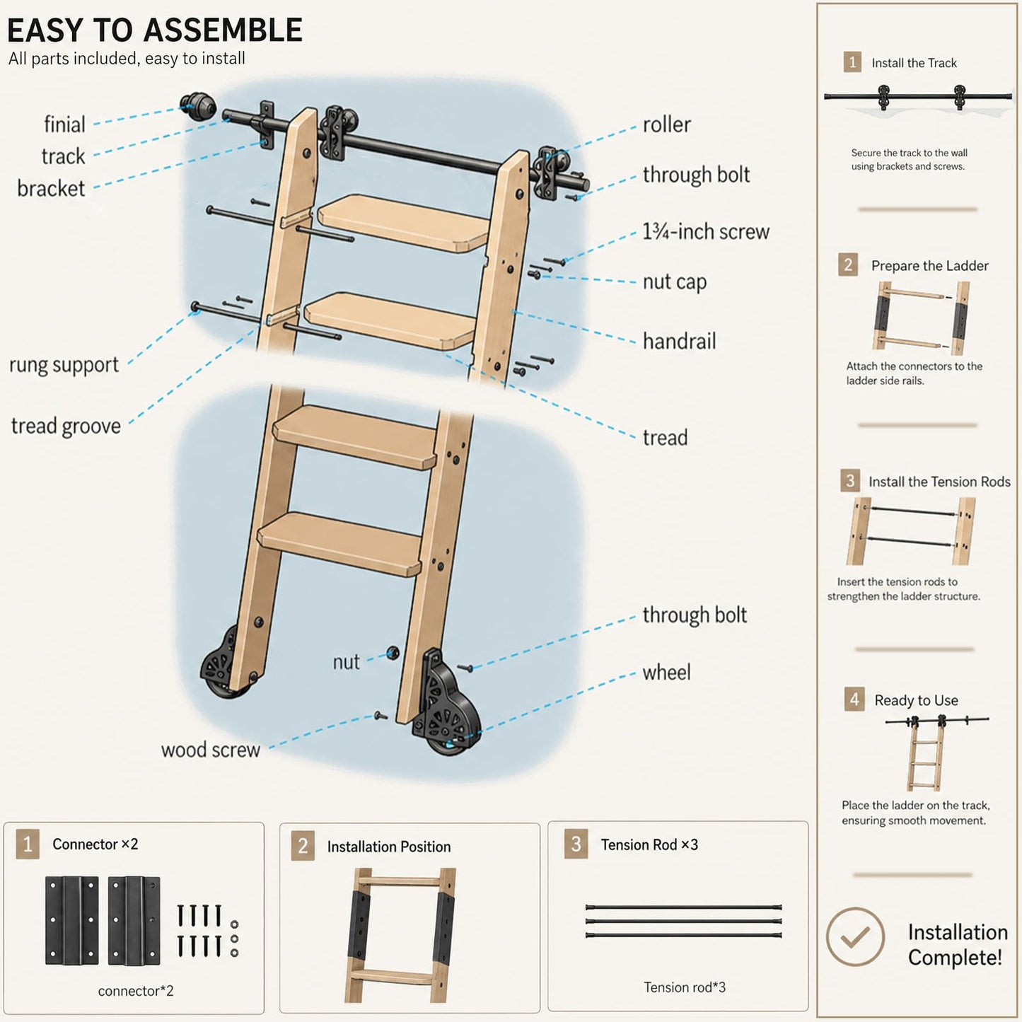 Leinuosen 86 Inch Rolling Library Ladder with 4FT Track Kit, Solid Oak Wood Ladder with Braking Wheels, Sliding Kit for Home, Bookshelf, Loft(Suitable for Installation Height 80-3/4")