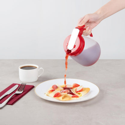 Restaurantware-Chef 101 32 Ounce All Purpose Syrup Dispenser, 1 Honey Dispenser - Red Top, Stainless Steel Slide Cover, Plastic Pancake Syrup Bottle, Perfect For Diners, Restaurants, Home