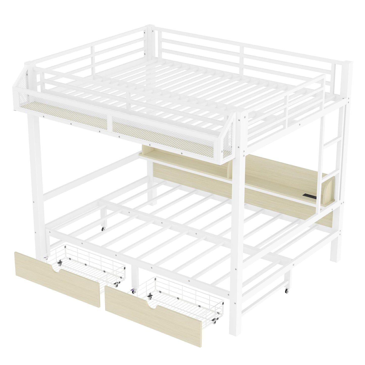 Bellemave Queen Over Queen Metal Bunk Bed with Storage Drawers and Shelves, Heavy Duty Bunk Beds with LED Lights and Charging Station for Kids,Adults,Convertible into a Sofa Bed,White
