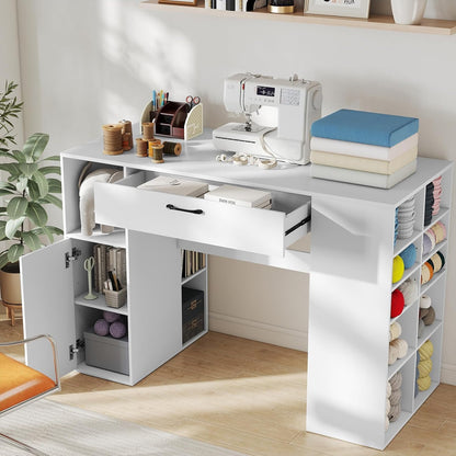 LDAILY Sewing Machine Table, Sewing Desk with Storage, Drafting Writing Sewing Station with Storage Cubes,1 Cabinet, 1 Drawer, 2 Adjustable Shelves, Artwork Craft Table for Home Office, White