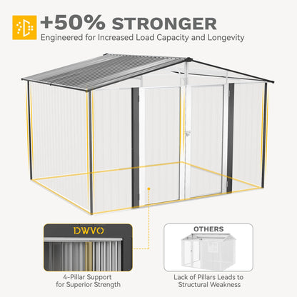 DWVO 10x8FT Outdoor Storage Shed, Spacious Metal Tool Shed with Lockable Doors & Ventilation for Patio, Lawn, and Backyard, Ideal for Storing Garden Equipment, Lawnmowers, and Bicycles, Dark Gray