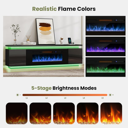Lamtor Fireplace TV-Stand with 40" Fireplace - 2 LED Light TV-Stand for 85 inch TVs - Entertainment Center with 4 AC Power Outlets - 2 Tier TV Consoles Stand for Living Room, Black