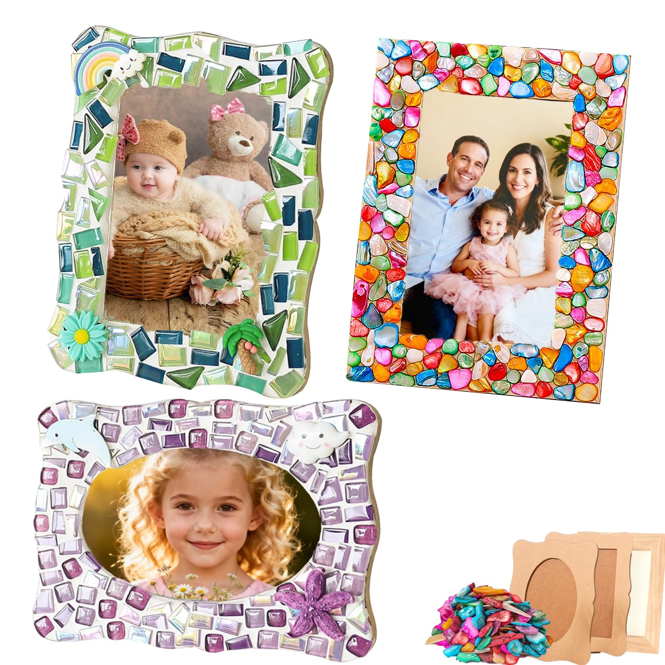 A&H Zier Decorate Your Own Mosaic Picture Frame Kit - 3 Pack DIY Arts & Crafts for Kids Ages 8-12, Valentines Day Gifts for Girls, 5x7 & 4x6 Photo Frames for Adults & Family